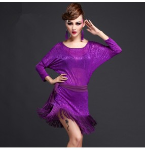 Purple royal blue violet with rose pattern fringes loose style fashion sexy women's ladies female salsa rumba cha cha latin dance dresses outfits with sashes